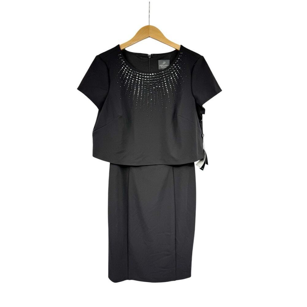 $167 Adrianna Papell Womens Black Embellished Popover Zip-Up Sheath Dress 10 New
